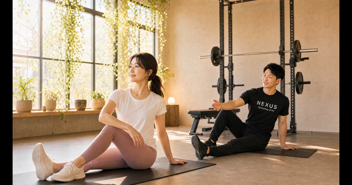 明るいスタジオでストレッチをする女性——続くパーソナルジムのイメージ