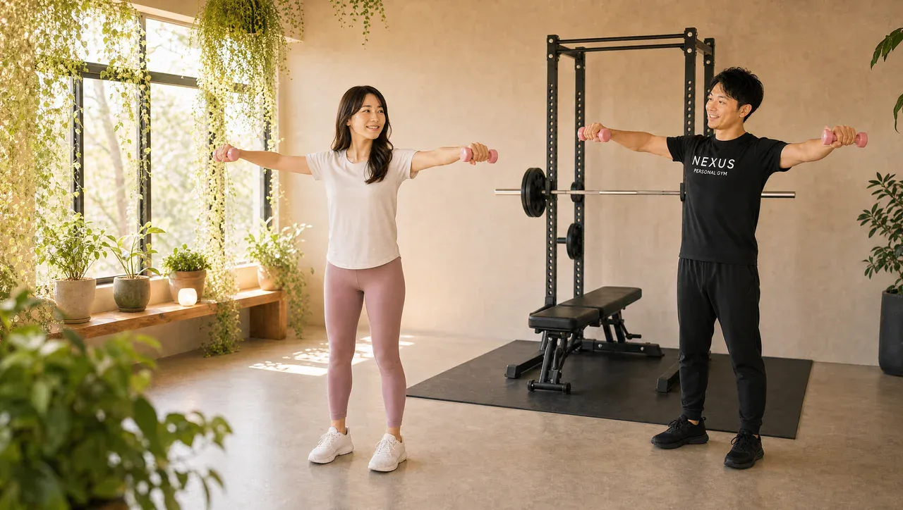 明るい個室でダンベルトレーニングをする女性