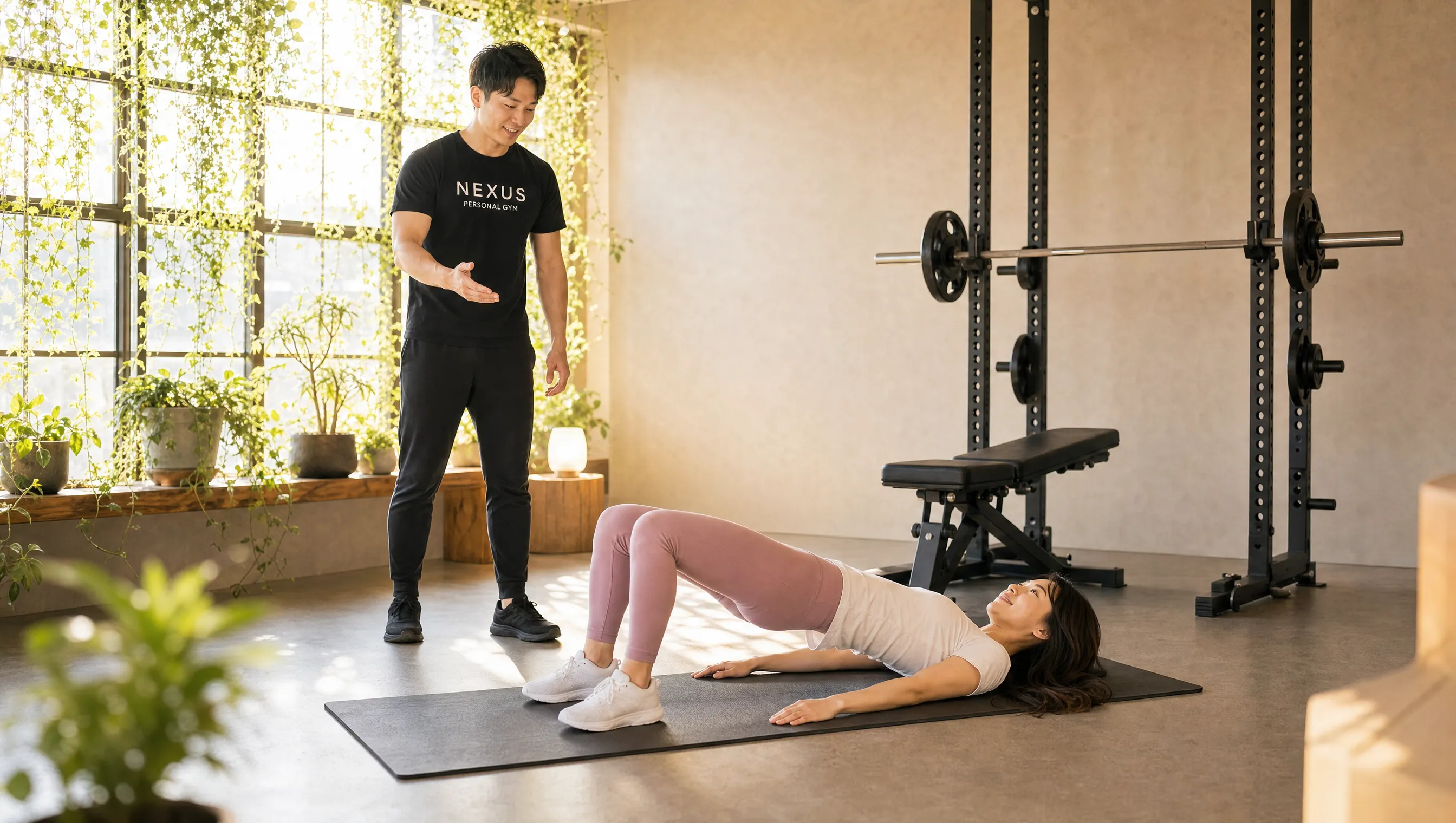 明るい個室で床のヒップリフトに取り組む女性