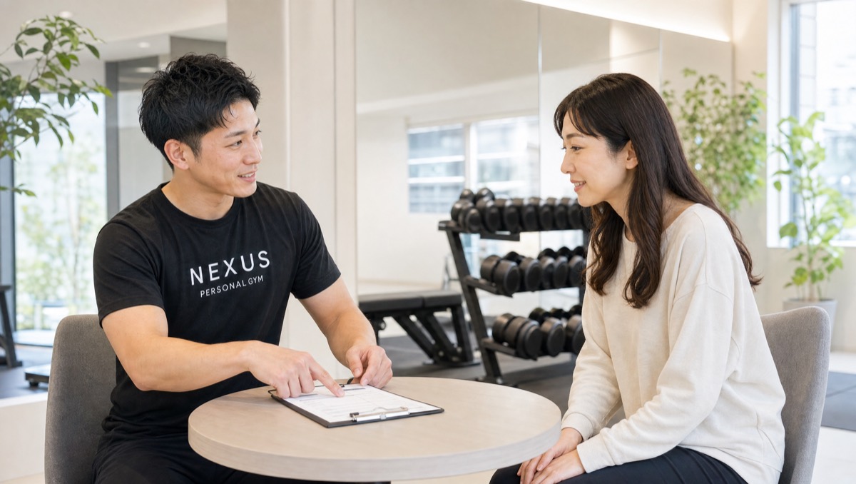 本山店で話しやすいトレーナーから食事とフォームの丁寧な指導を受ける様子