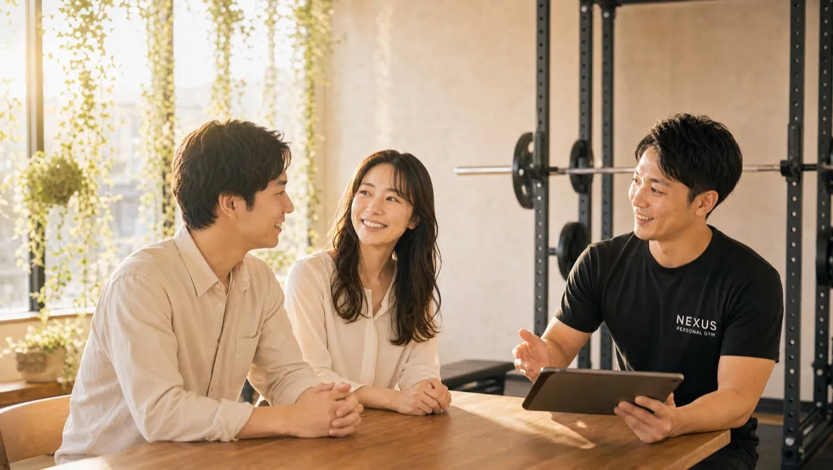 明るいパーソナルジムでトレーナーと目標について話す女性