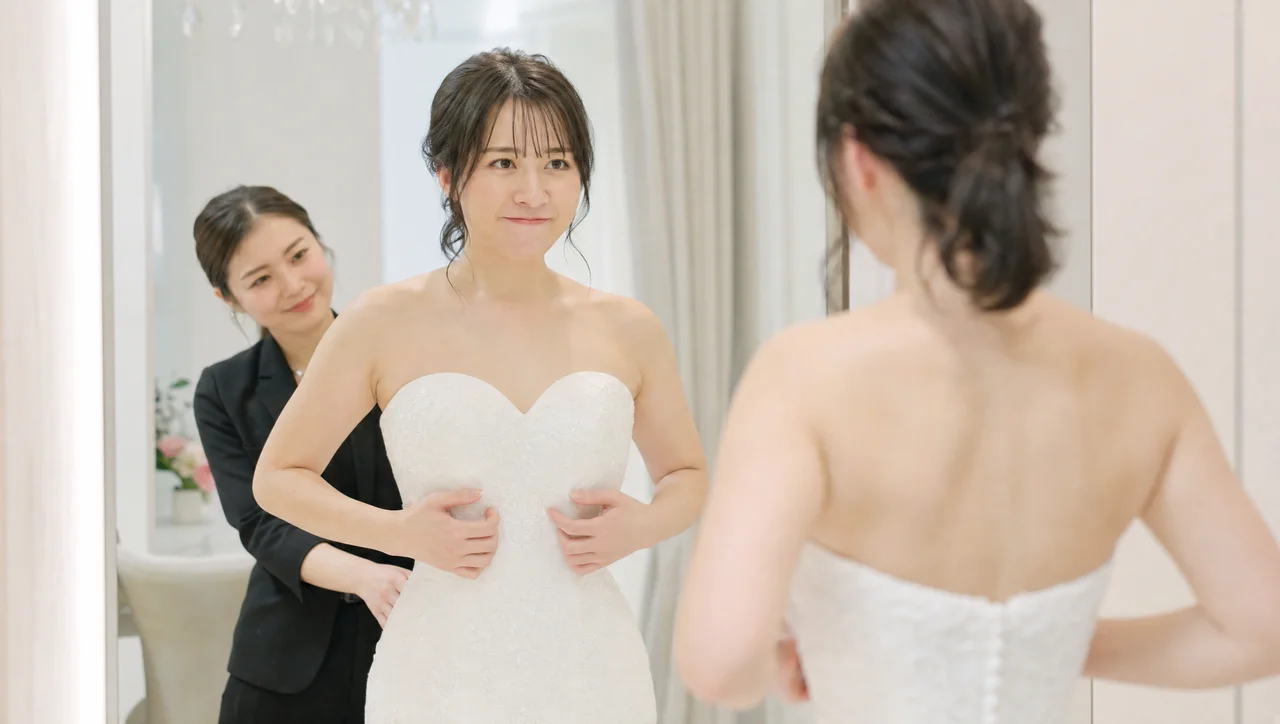 結婚式のドレス試着で背中のファスナーが上がらず悔しそうな表情の花嫁
