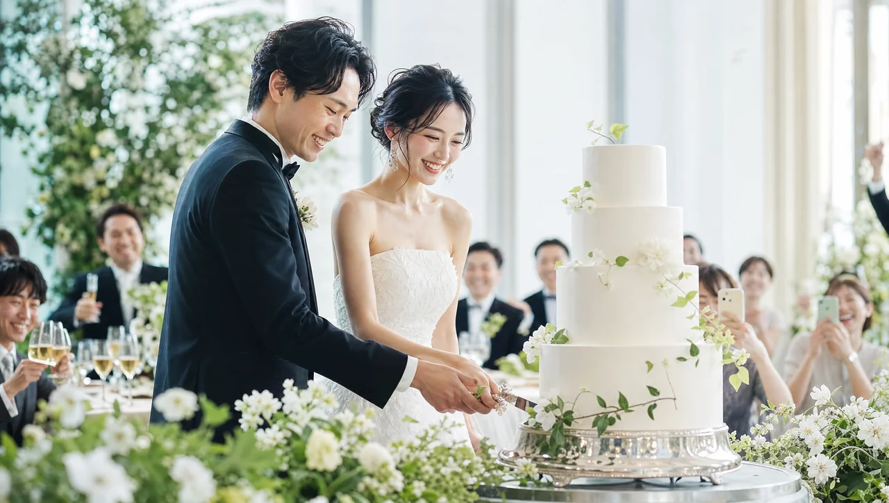 ウェディングケーキと明るい会場