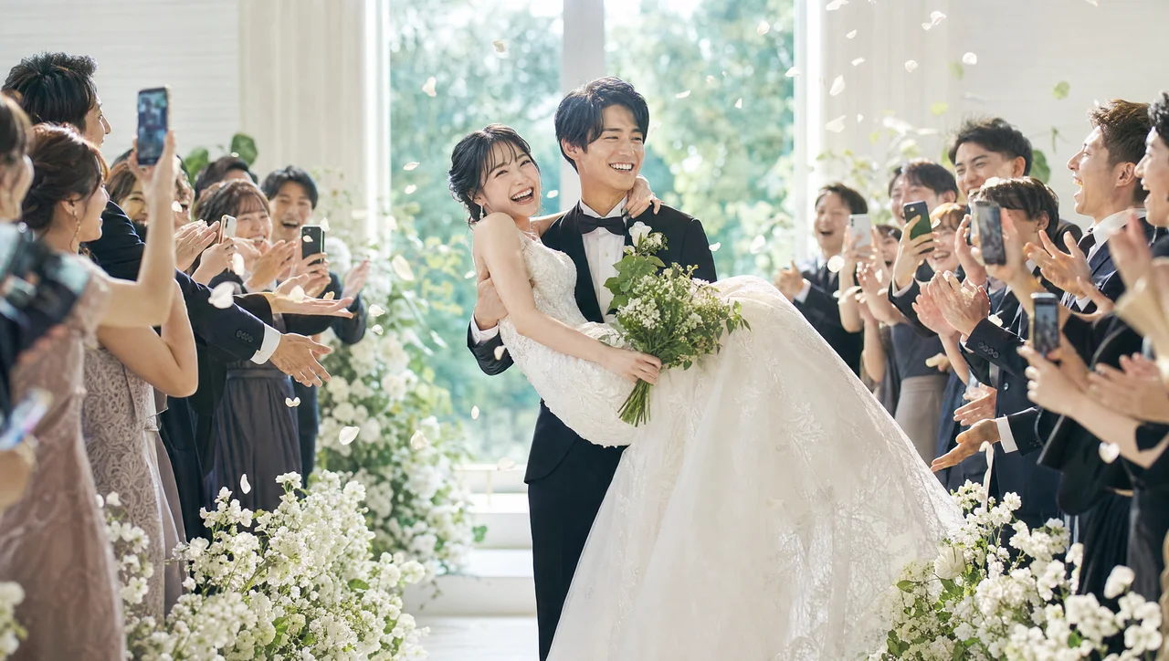 花びらの中で祝福される新郎新婦