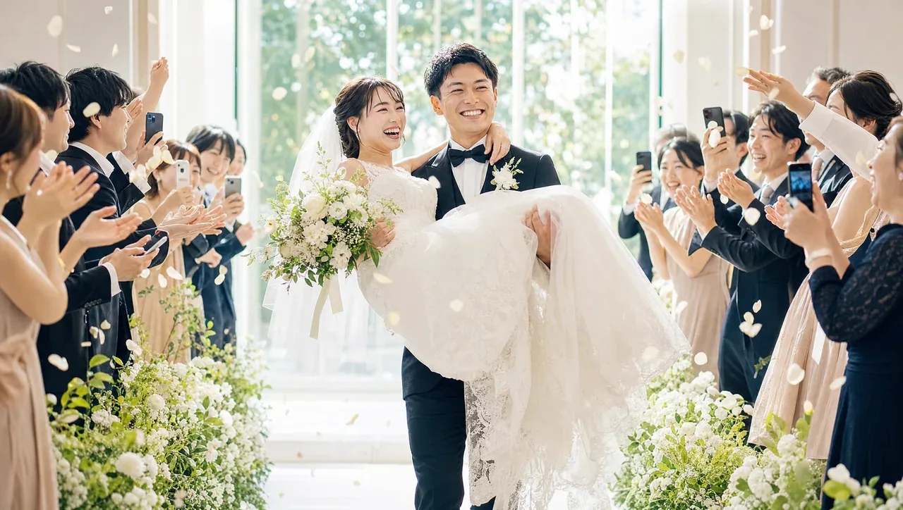 挙式後フラワーシャワーの中、新郎にお姫様抱っこされ心から笑う花嫁を参列者が祝福する退場シーン