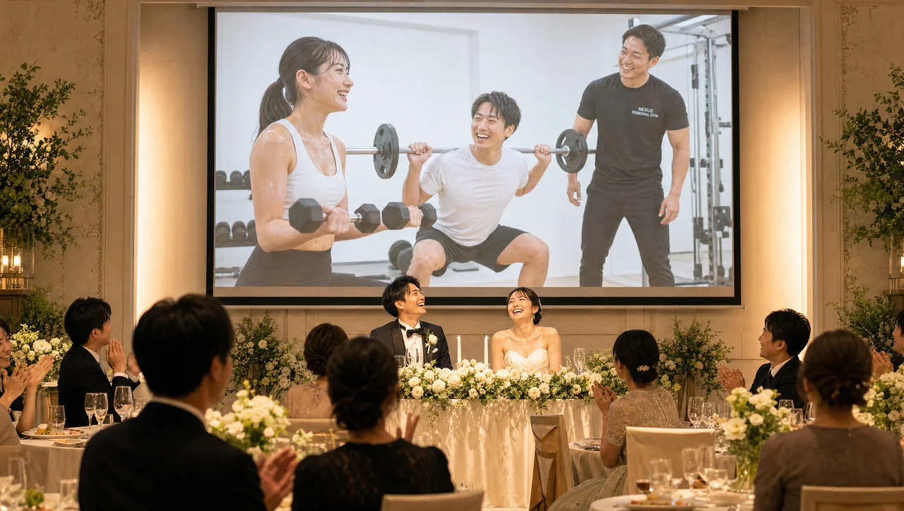 披露宴でふたりのパーソナルジムでのトレーニング映像をスクリーンに上映し笑顔で見つめる花嫁と新郎、拍手で祝福する参列者