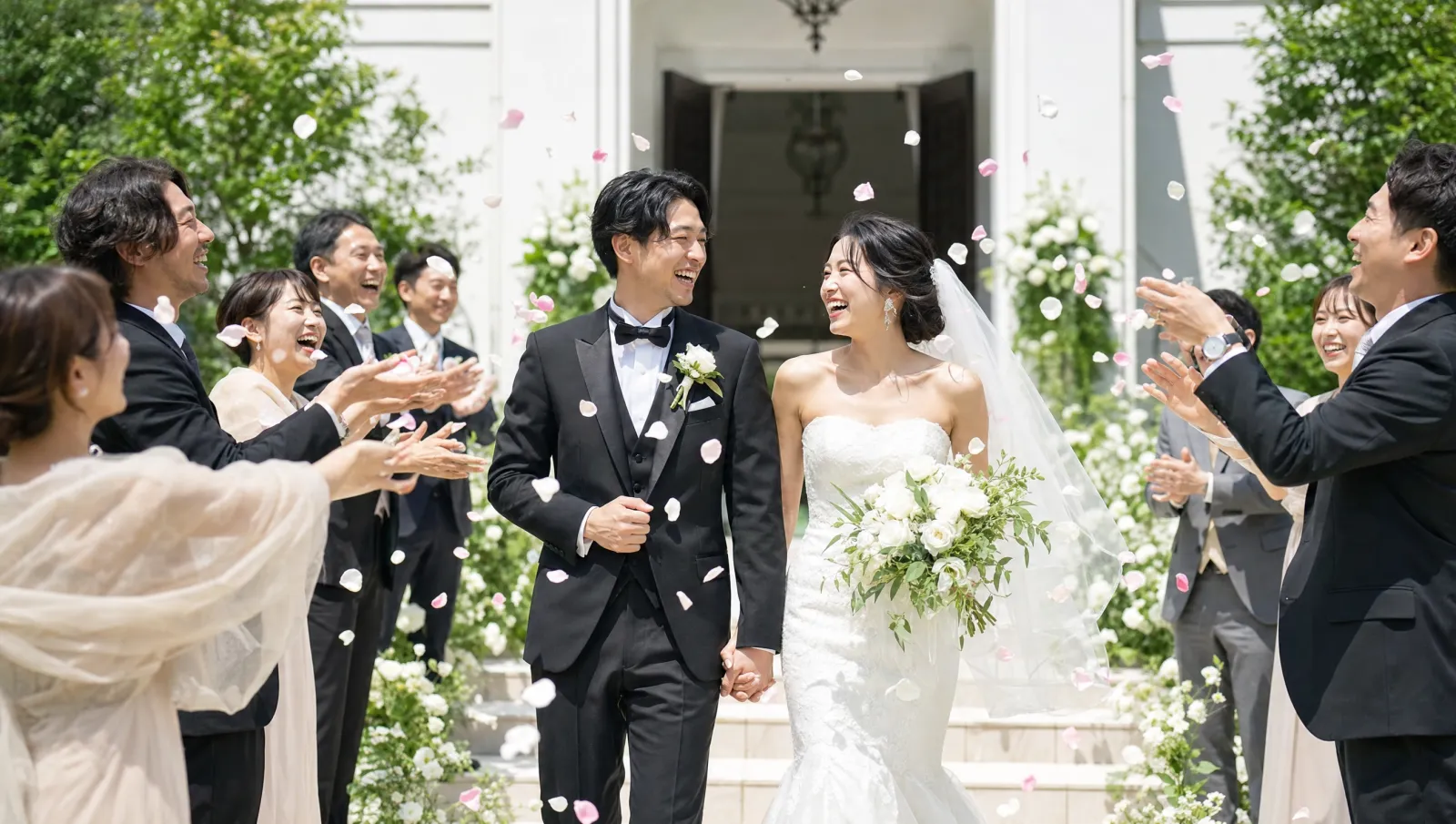 挙式を終え花びらの中を歩く新郎新婦