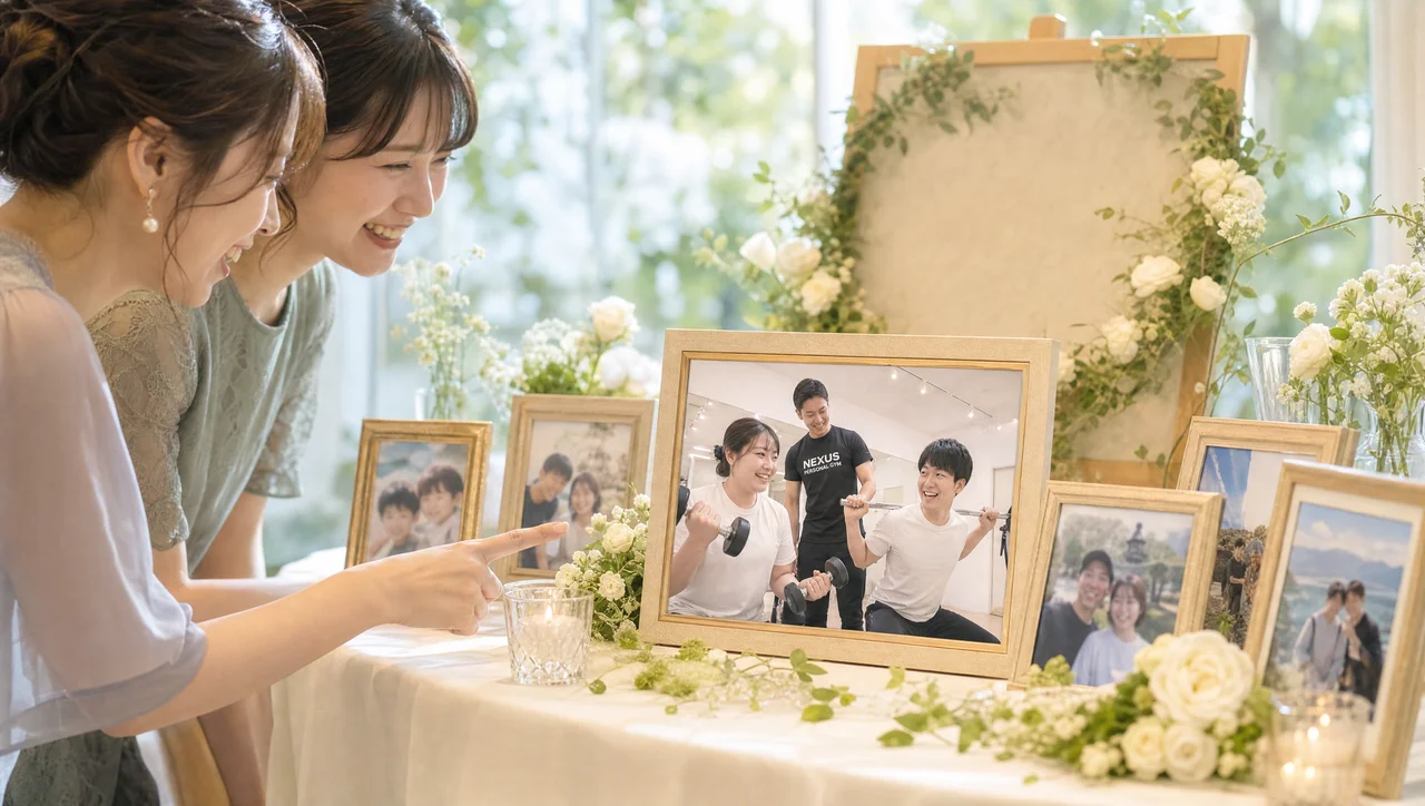 明るいスタジオでウェルカムボードの前に立つ花嫁